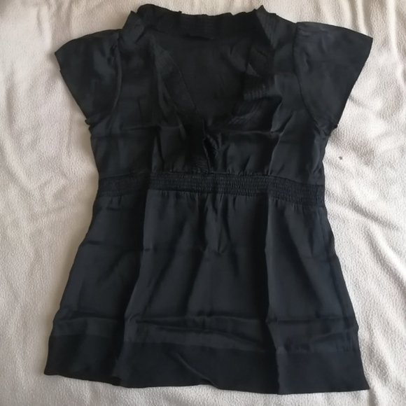 BCBGMaxAzria Black Flowy Neck Silk Blouse - Picture 2 of 13